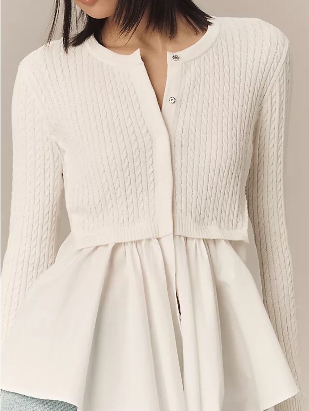 Anthropologie White Cropped Cable-Knit Peplum Cardigan